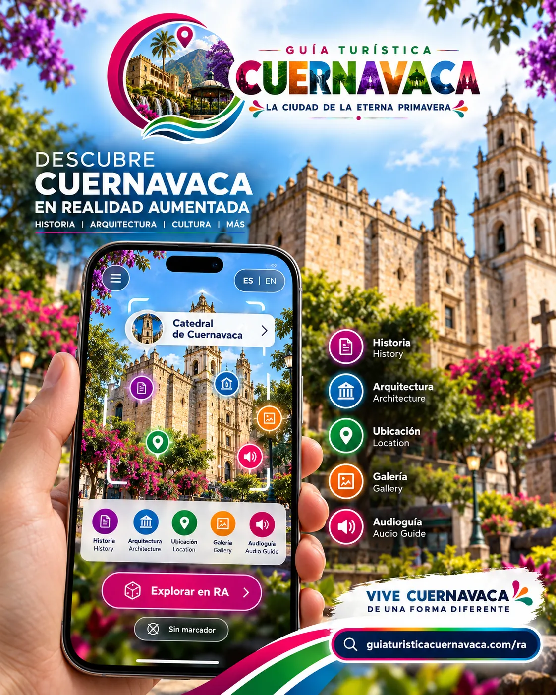 Propuesta gráfica de experiencia turística con realidad aumentada; representación conceptual, no demostración de reconocimiento automático